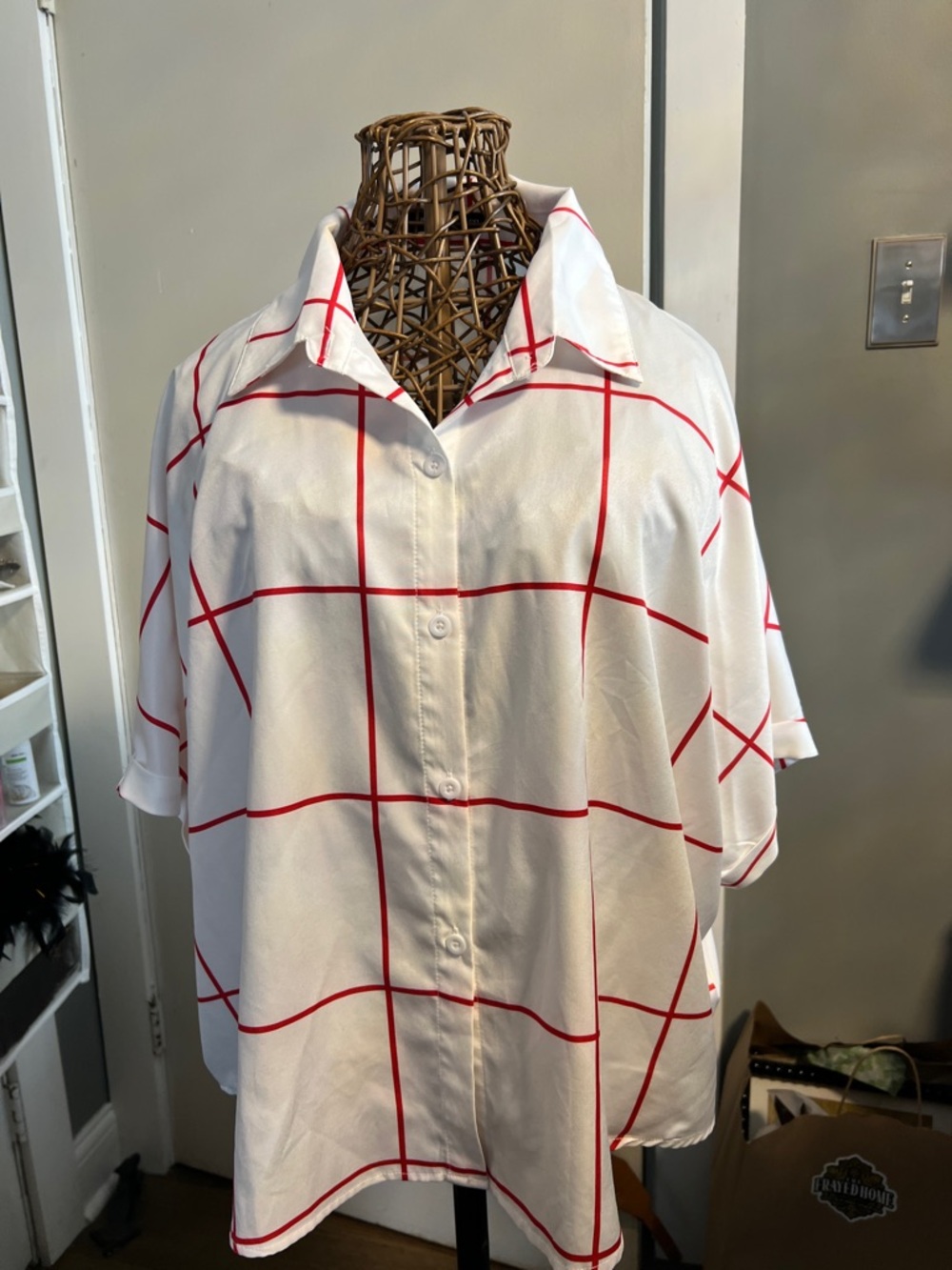 SHEIN White Button-Up Blouse with Red Windowpane Grid